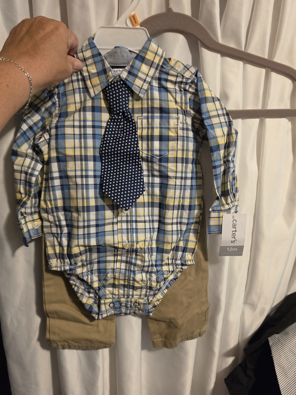 Carter's Yellow and Blue Plaid Bodysuit with Navy Polka Dot Tie Sz.12m